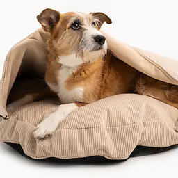 Round pillow with a hood for your dog or cat  - pattern: Dog on the beach, Size: S