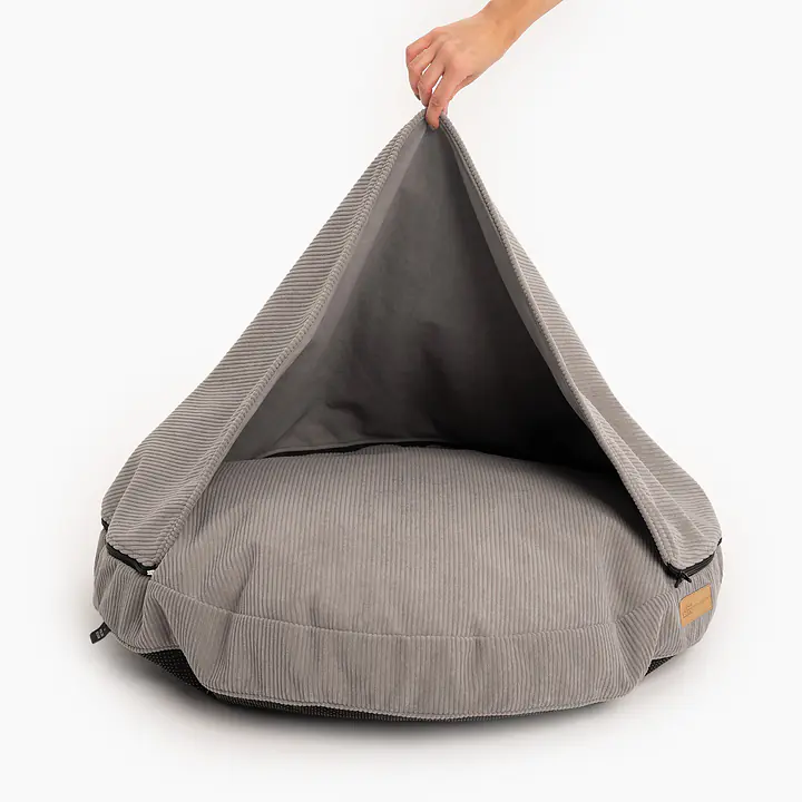 Round pillow with a hood for your dog or cat  - pattern: Made in grey, Size: S
