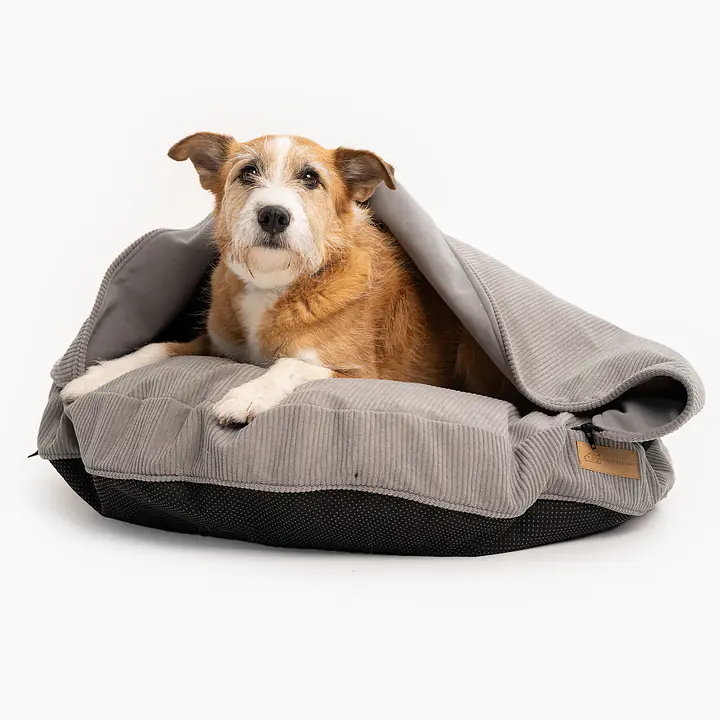 Round pillow with a hood for your dog or cat  - pattern: Made in grey, Size: S